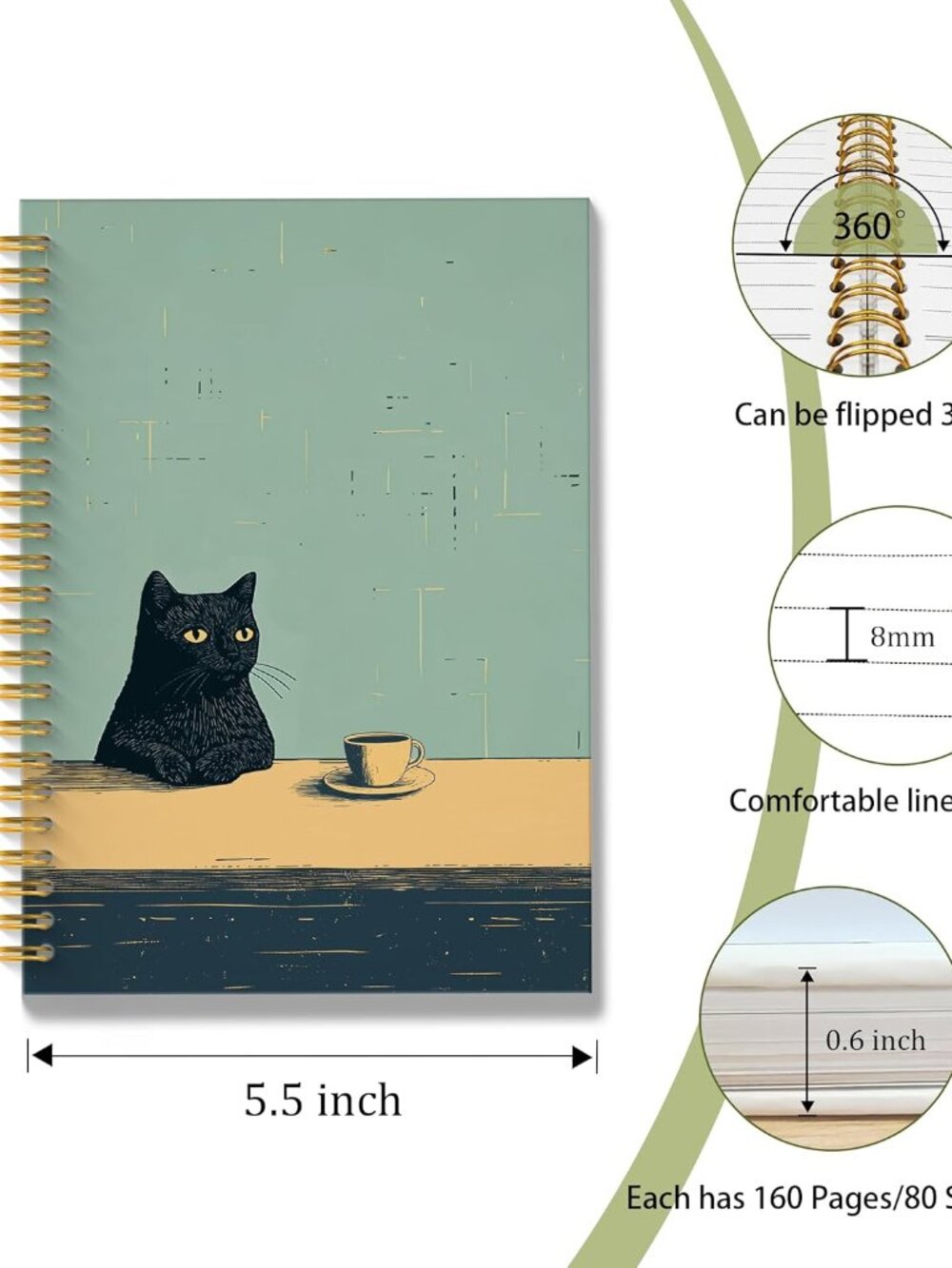 Vintage Coffee Black Cat Spiral Notebook, Black Cat Gifts Journal, Cats Lovers M - Picture 3 of 7